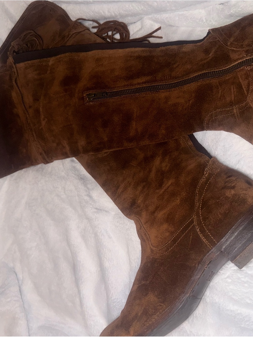 Frye Chestnut Suede Over-the-Knee Tassel Boots